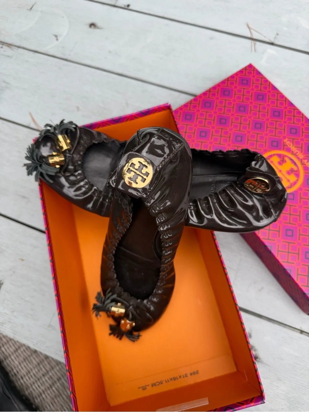 Tory Burch Black Patent Tassel Ballet Flats with Gold Hardware